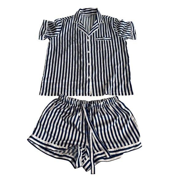 NWOT Serenedelicacy Blue White Striped Short Sleeve Pajama Set Women's Medium M - Picture 1 of 8
